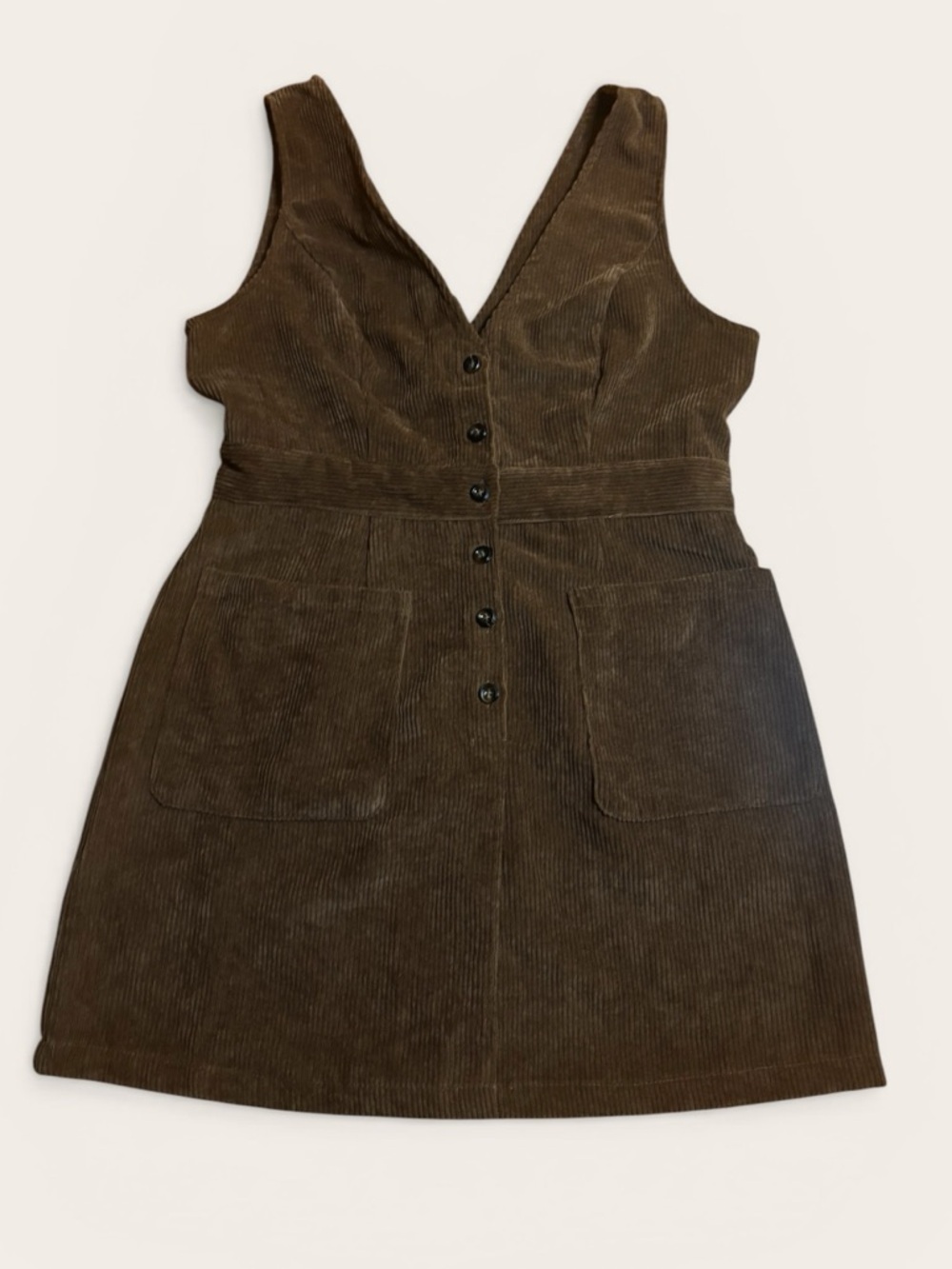 442. Brown Corduroy Button Front Mini Dress Sleeveless Fall Neutral - Picture 2 of 3